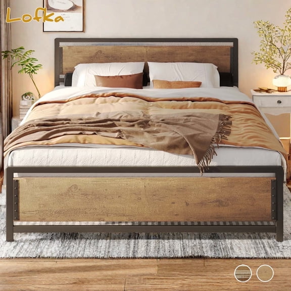 Queen Bed Frame, Queen Size Bed Frame with Wood Headboard and Footboard, Under Bed Storage, 800lbs, Retro