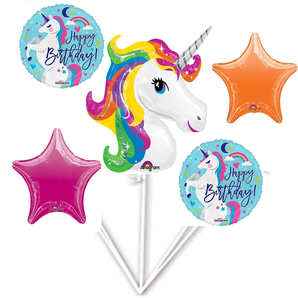 Magical Unicorn Combo Foil Balloon 6pc 5th Birthday Party Bouquet 5 Years Old 