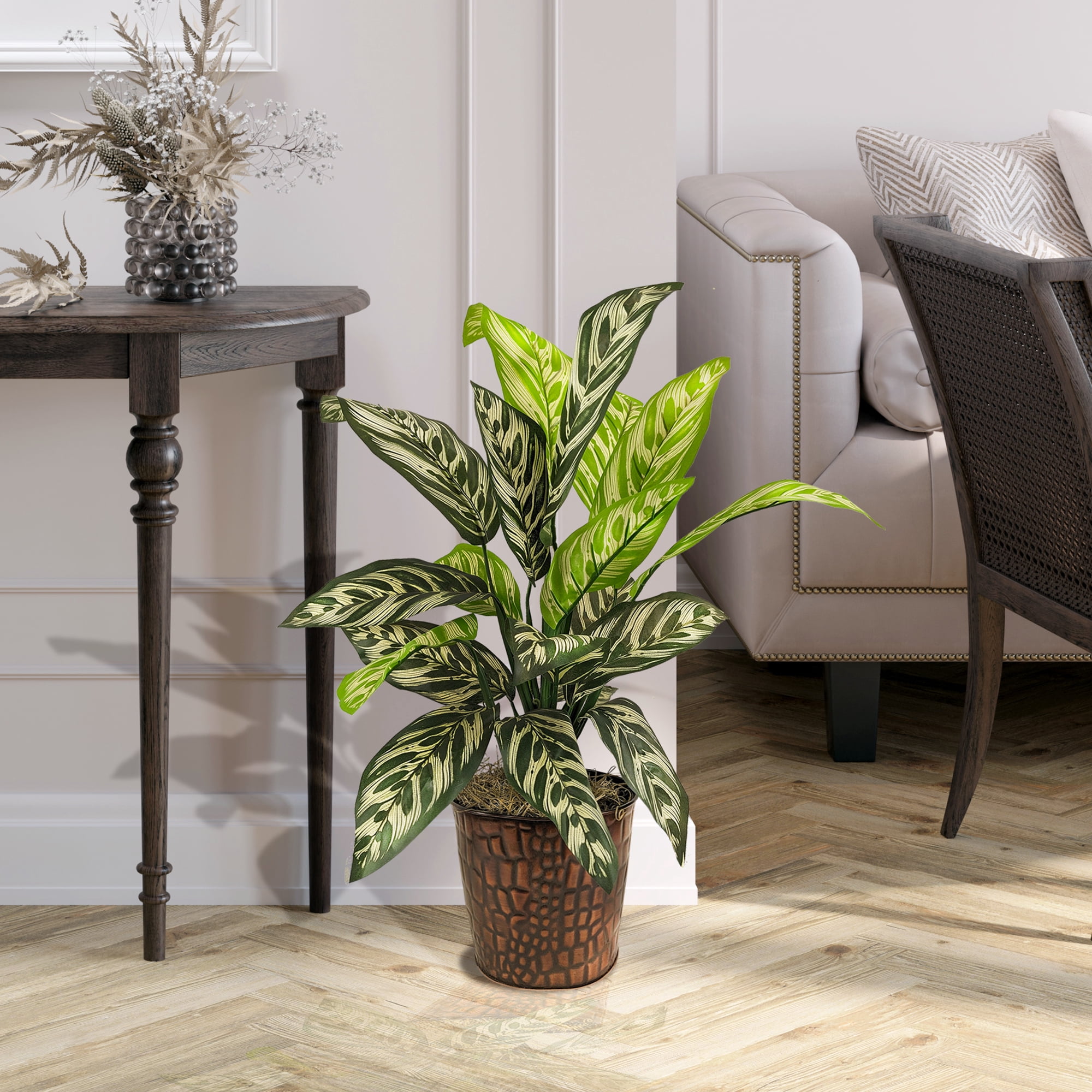 LCG Sales Artificial Plant, Variegated Green Leaf Potted Prayer Plant, 2 ft, Embossed Metal Pot