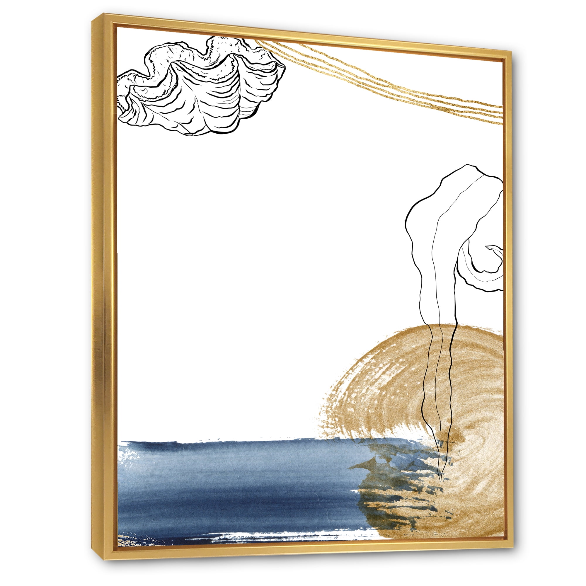 Golden Marine Shell Classic Blue Abstract 16 in x 32 in Framed Painting Canvas Art Print, by Designart