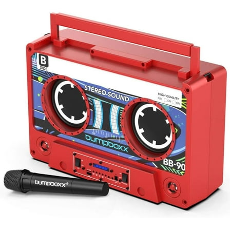 Restored Bumpboxx Remixx Bluetooth Boombox Bluetooth Speaker with The Looks of a Cassette | Bringing Back The Retro Cassette Vibes | Includes Wireless Microphone | Red (Refurbished)
