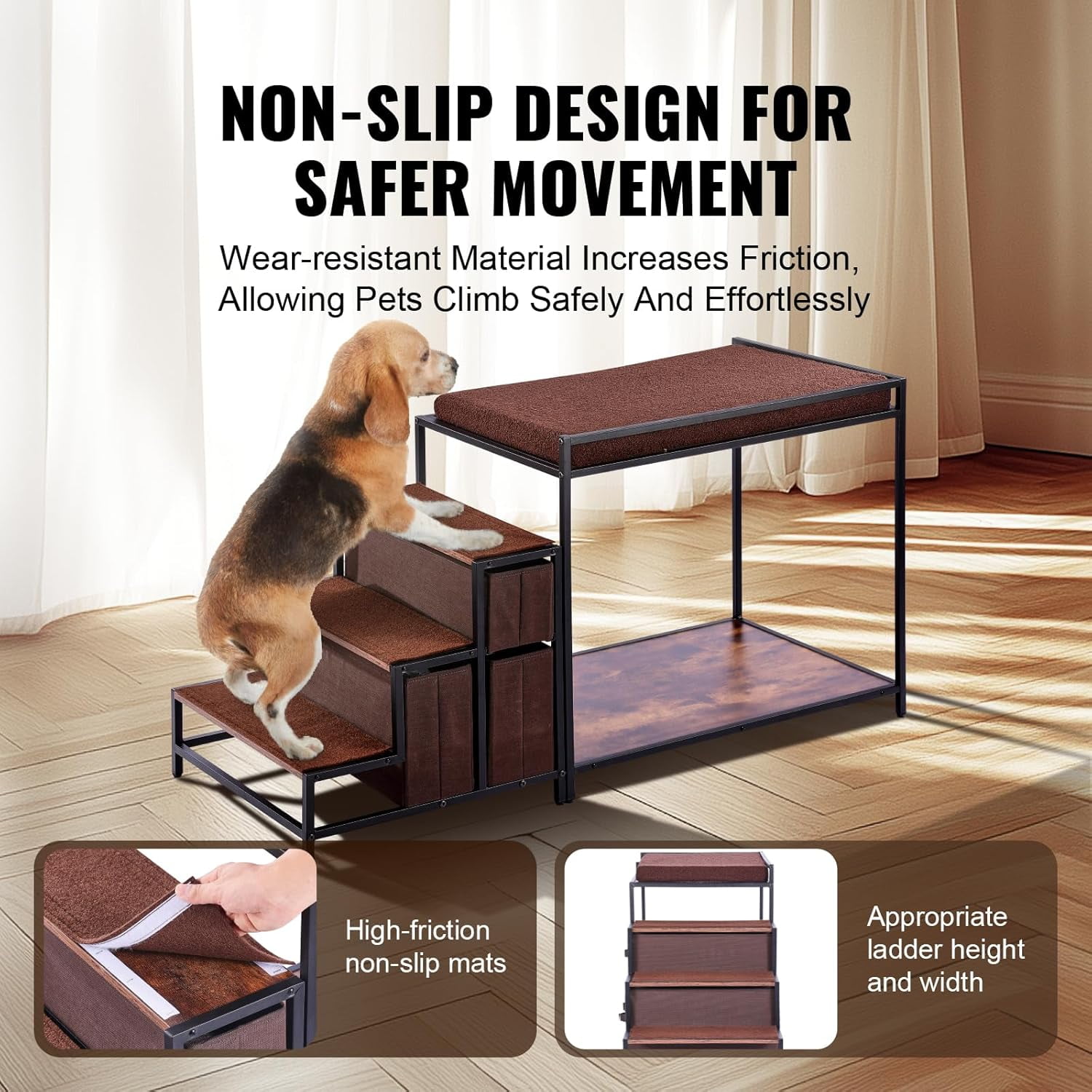 Pet Bunk Bed with Stairs, Dog/Cat Window Perch with Storage, Multi-Level Bed Window Perch Dog Bedside Sleeper Couch, Pet Seat Platform for Medium Size Pet, Indoor Use (Dark Brown)
