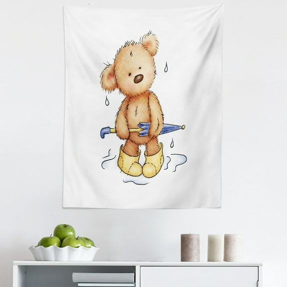 Bear Tapestry, Teddy Toy Caught up in Rain Rubber Boots Holding an Umbrella Cartoon, Fabric Wall Hanging Decor for Bedroom Living Room Dorm, 5 Sizes, Sand Brown Yellow Blue, by Ambesonne