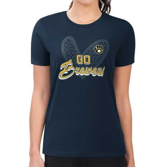 Women's G-III 4Her by Carl Banks Navy Milwaukee Brewers Leopard Heart Fitted T-Shirt