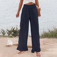 thumbnail image 4 of Wide Leg Linen Pants for Women High Waisted Ruffle Hem Palazzo Pants Boho Summer Casual Loose Flowy Pant Trousers Navy S, 4 of 7