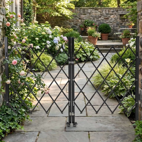 Garvee Double Folding Security Gate, 87"H x 150"W Lockable Steel Scissor Gate with 360° Casters, Retractable Outdoor Barricade