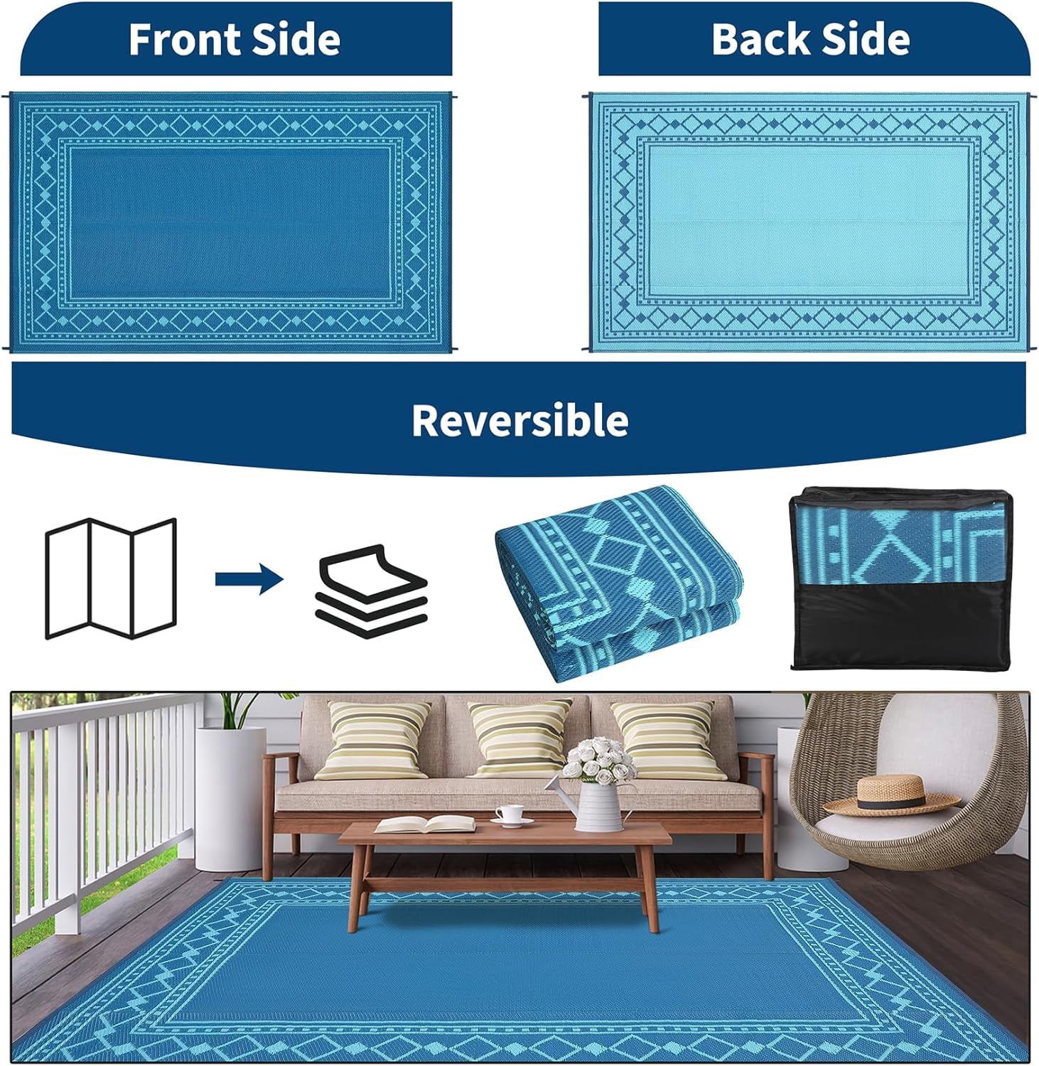 Memoryfield 9' x 18' Outdoor Rug Waterproof, Reversible Plastic Straw Patio Mat, Portable Rug for Deck, RV, Camping & Balcony, Blue