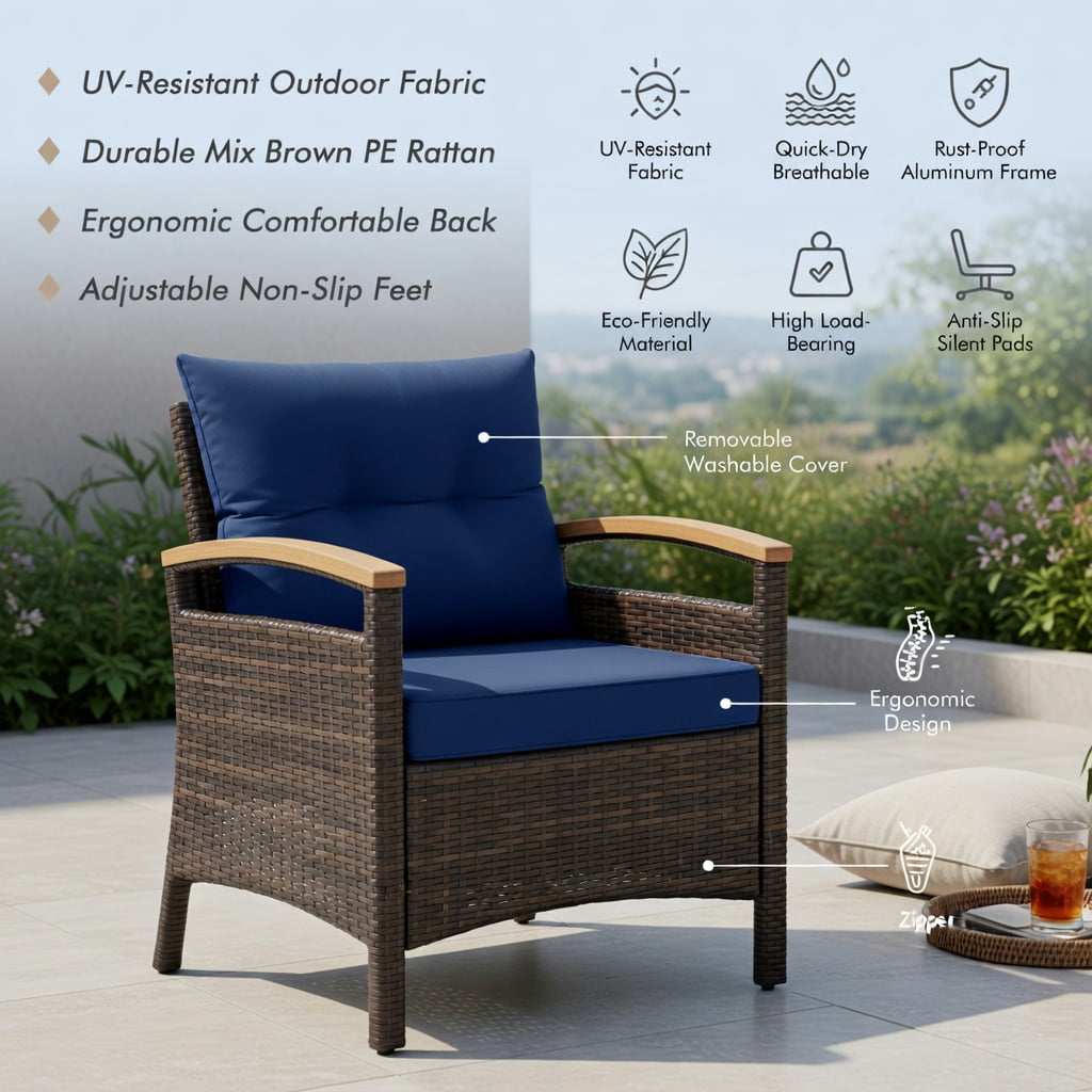 Hommoo 3-Piece Outdoor Rattan Patio Furniture Set, Steel Frame + Acacia Wood Coffee Table, Weather-Resistant PE Wicker Sofas, Navy