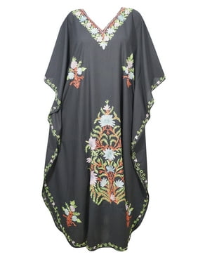 Mogul BLACK Embellished Kimono Caftan V-Neck Beautiful Cotton Blend Long Maxi Kaftan Dress 3XL