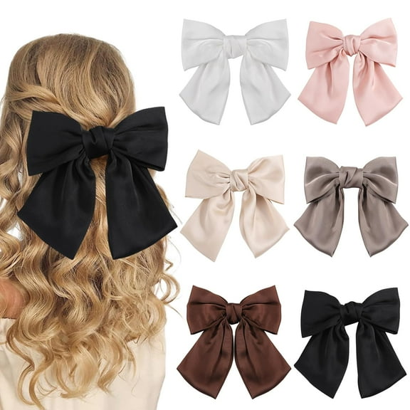 6PCS Silky Satin Hair Bows for Women Hair Ribbons Bow for Girls Ponytail Holder Slides Metal Hair Clips Double Ribbon Hair Accessories for Toddlers Teens Kids Birthday Gift