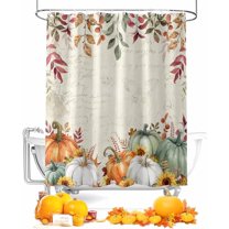 Thanksgiving Fall Shower Curtain, Sage Green Grey Pumpkins Waterproof Polyester Fabric Fall Bathtub Curtains, Weeping Eucalyptus Leaves Autumn Bathroom Decor Set with Hooks 72 x 72 Inches