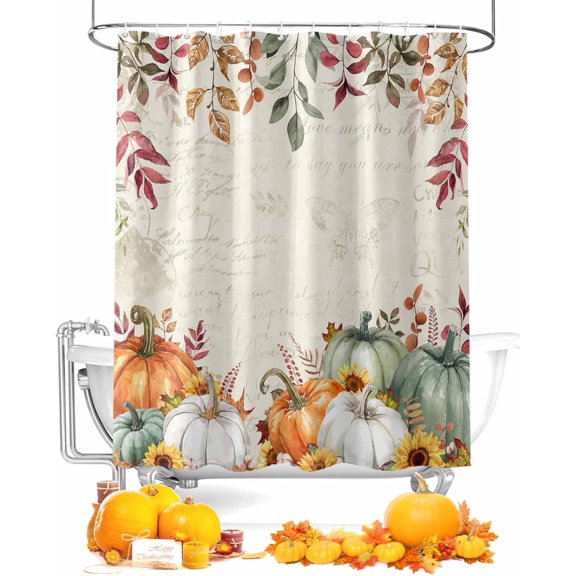 Thanksgiving Fall Shower Curtain, Sage Green Grey Pumpkins Waterproof Polyester Fabric Fall Bathtub Curtains, Weeping Eucalyptus Leaves Autumn Bathroom Decor Set with Hooks 72 x 72 Inches