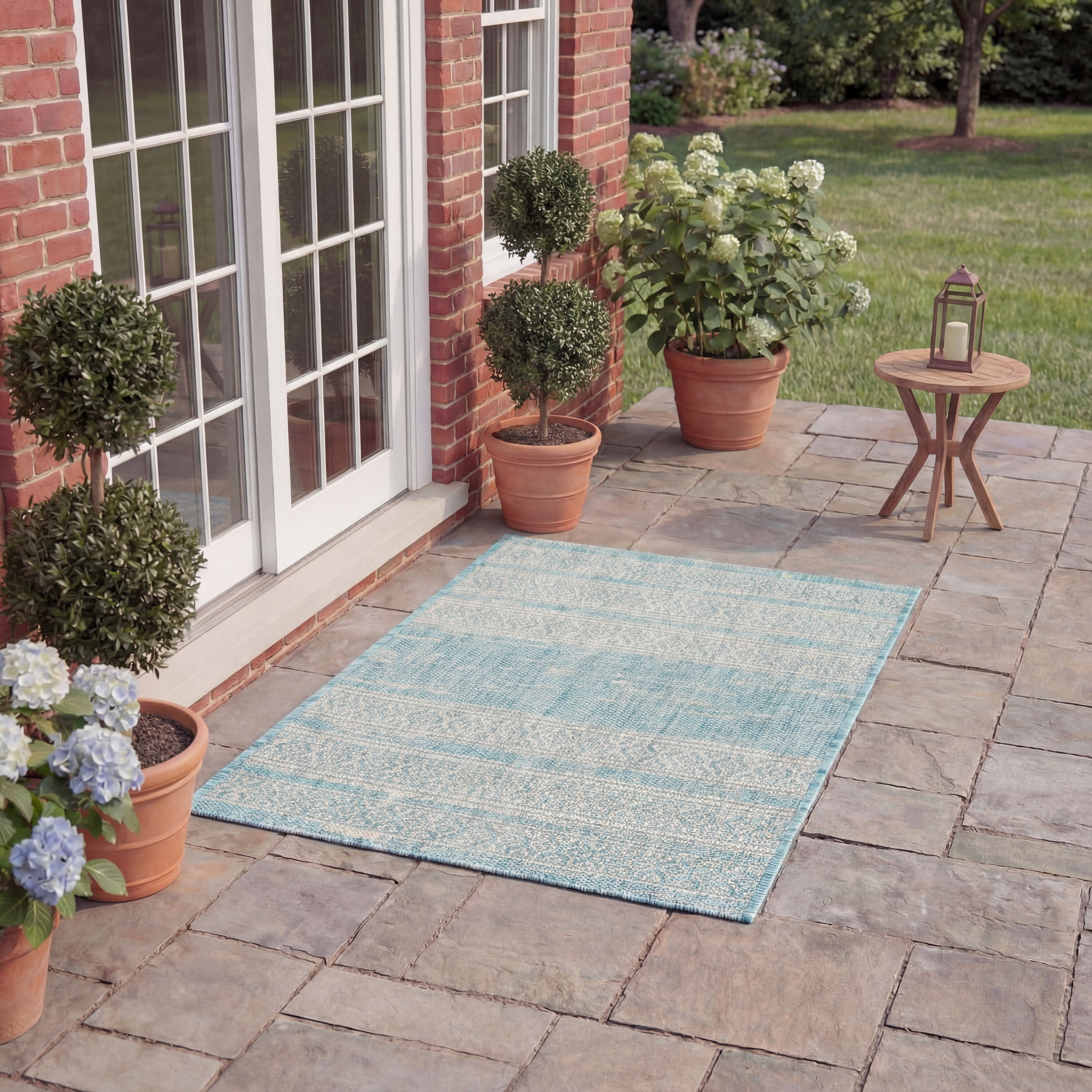 SAFAVIEH Courtyard Galen Distressed Striped Indoor/Outdoor Area Rug, 6'7" x 9'6", Aqua/Grey