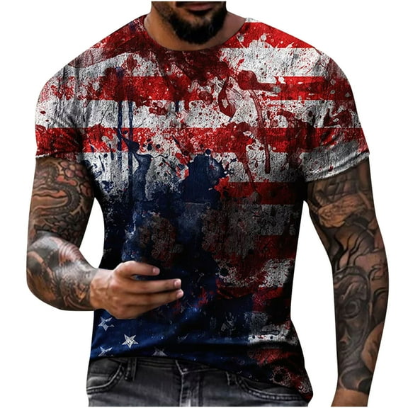 Ofreoo Men Casual Round Neck Popular Digital Flag Printing Pullover Fitness Sports Shorts Sleeves T Shirt Blouse Independence Day Shirts for Men