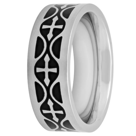 Men's Black and White Cross Ring in Stainless Steel