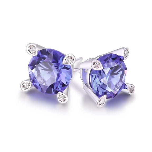 Amy and Annette  Large Purple Tanzanite Gemstone Stud Earrings in 18K White Gold  Plated