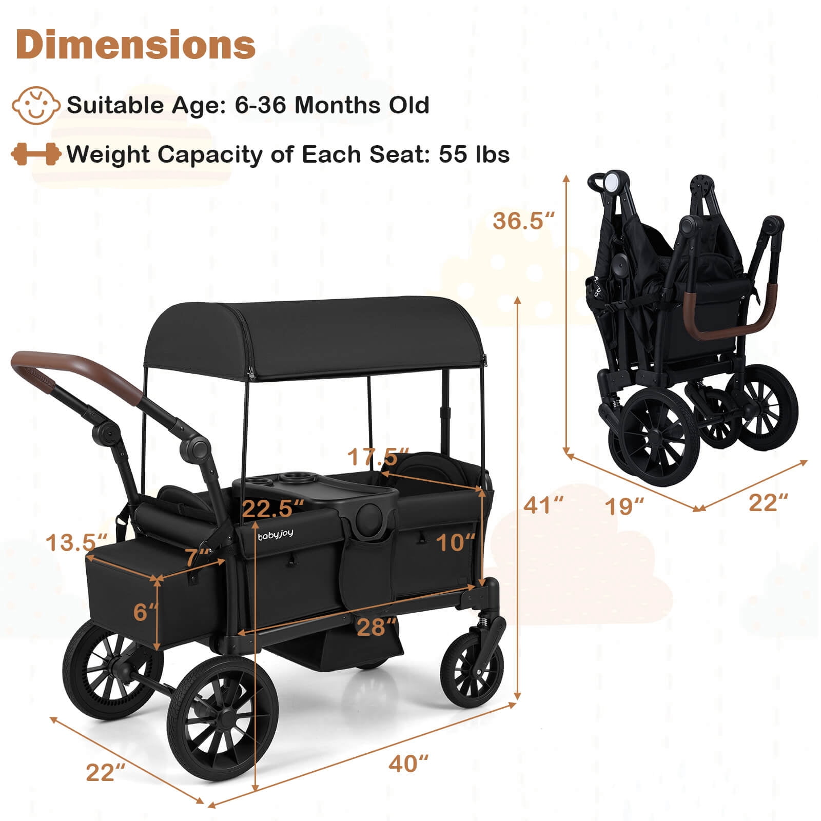 Infans Foldable Wagon Stroller for 2 Kids, Double Seater Toddler Stroller w/ Canopy