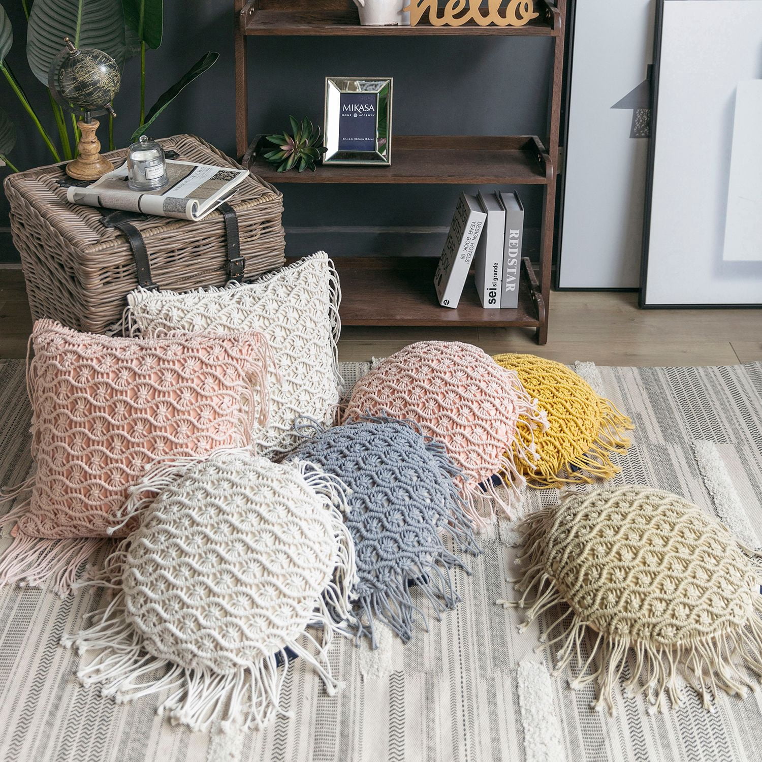 Phantoscope 100% Cotton Handmade Crochet Woven Decorative Throw Pillows, 18 x 18 in Square Cushions with Tassels, Boho Style, Light Gray, 2 Pack