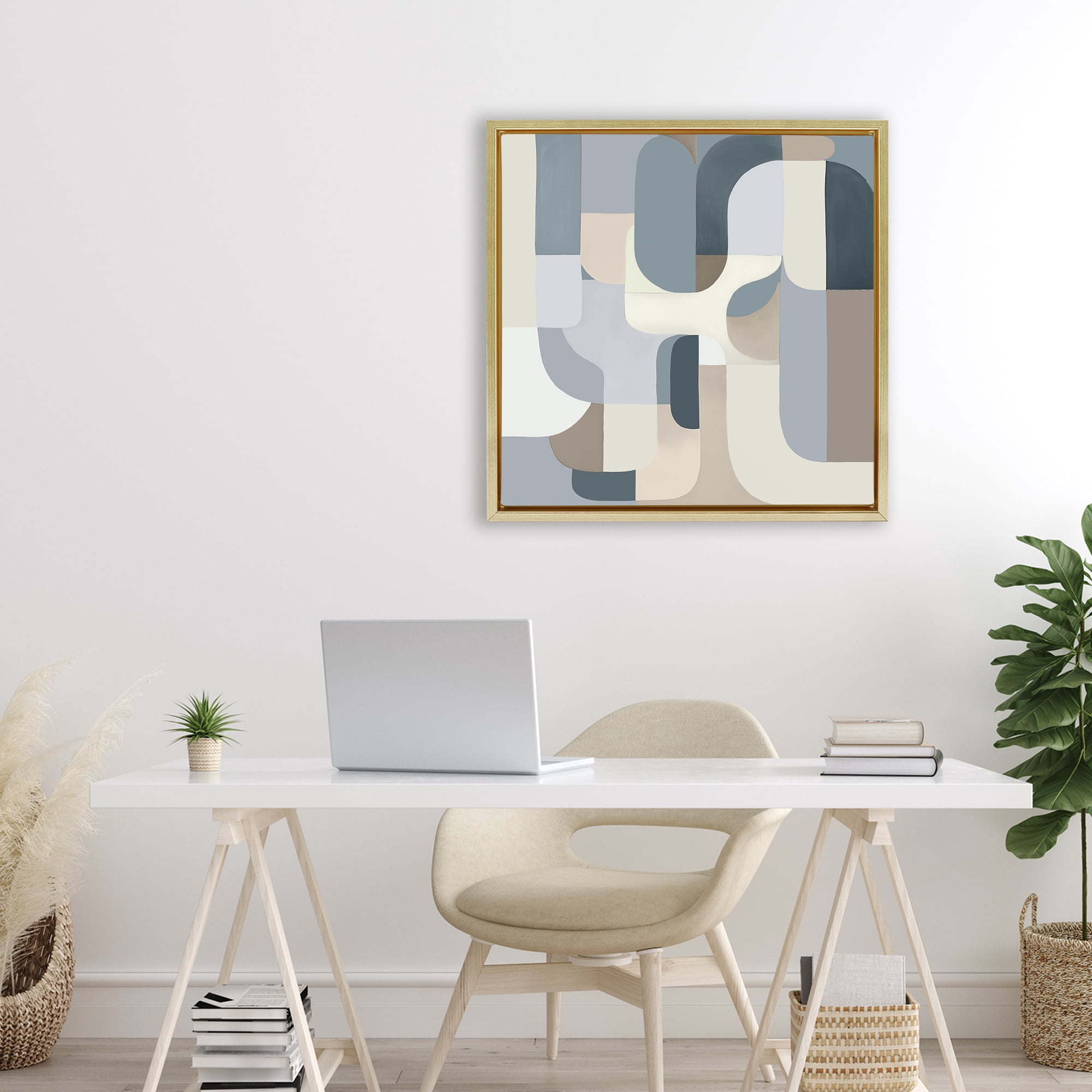 Stupell Industries Bauhaus Blue Curves Gold Framed Floater Canvas Wall Art, design by Annabelle Hall