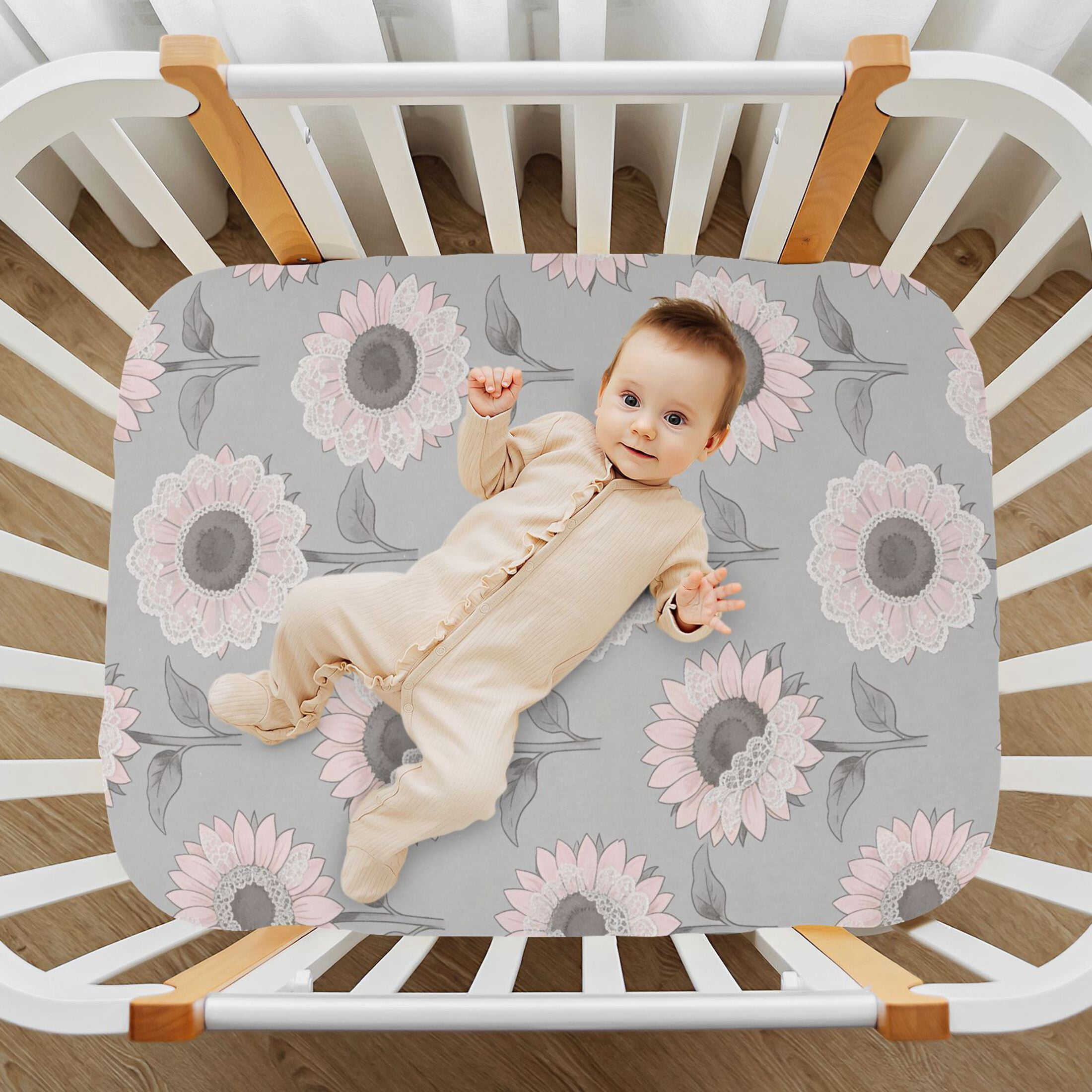 Baby Essentials 52”x 28”- Standard Cotton-like Modal Elastic- Gray Sunflower Design Crib Sheets for Newborns and Toddlers