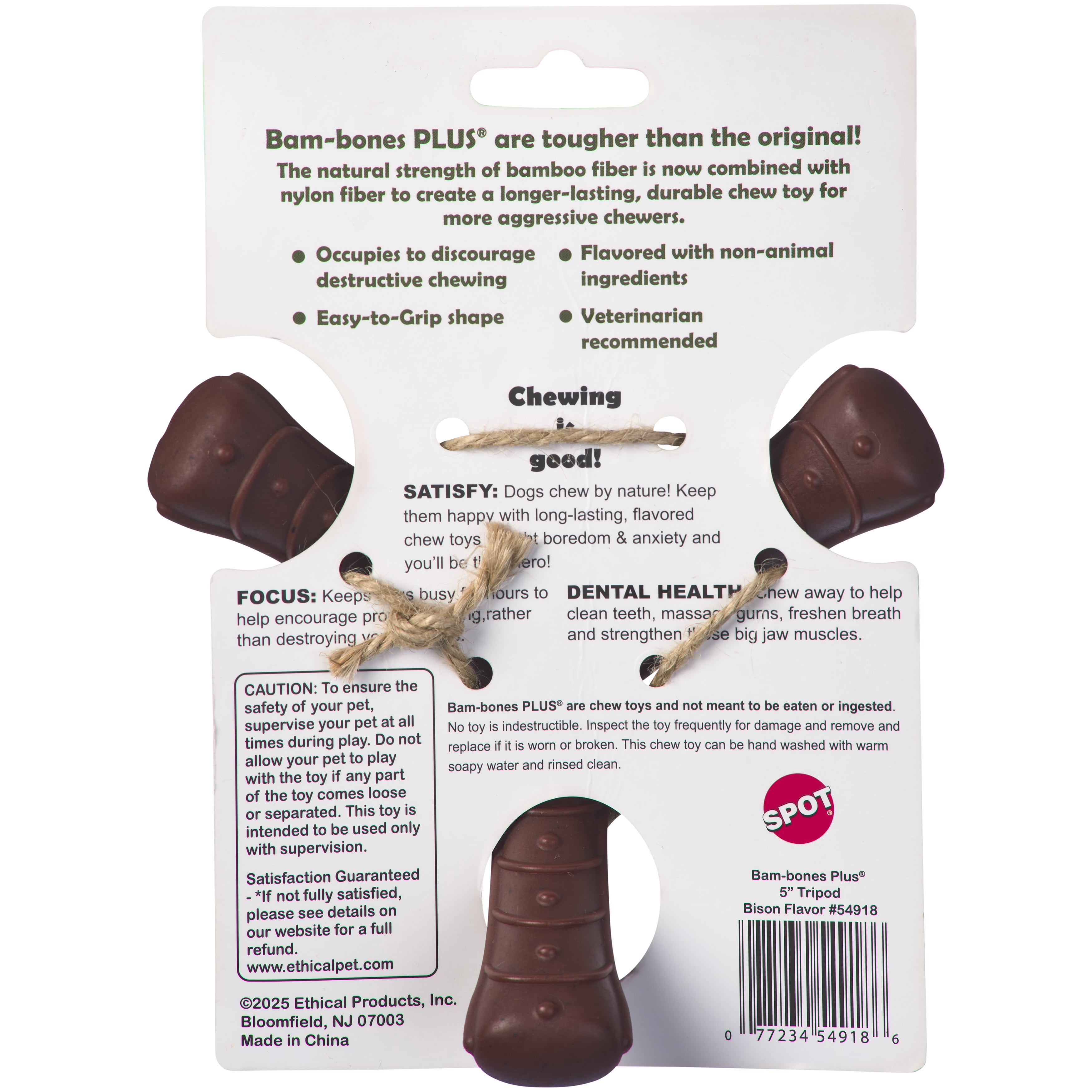 SPOT Bam-Bones Plus Tripod 5" Dog Chew Toy with Bison Flavor