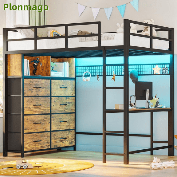 Twin Size Loft Bed with L-Shaped Desk, LED Lights,Charging Station,Metal Bed Frame with Storage Shelves and Drawers, Safety Guard & Ladder, No Box Spring Needed,Black