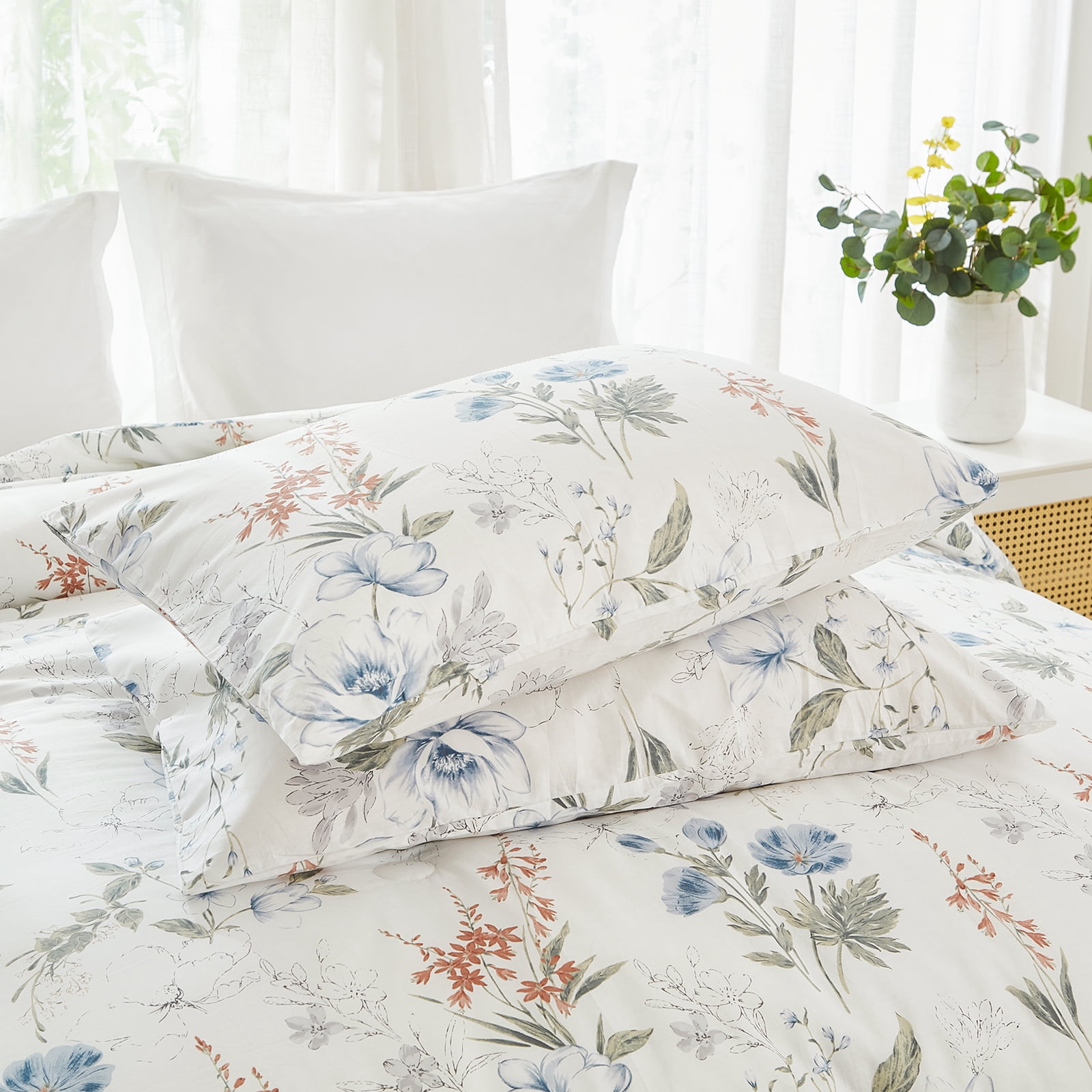 Move Over Blue Floral Duvet Cover Set Queen Size 3 Pieces Reversiable Cotton Bedding Set Pink and Green Garden Flower Comforter Cover Set for All Seasons