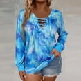 thumbnail image 2 of dGslk Women’s Long Sleeve Lace Up V Neck Casual Tie Dye Pullover Top Loose Fit Lightweight Shirt for Spring and Fall Sky Blue 2XL, 2 of 5