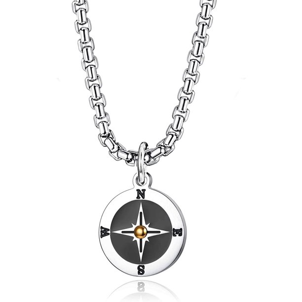 HUNLUYEN Men's Compass Pendant Necklace Chain Stainless Steel Pendant