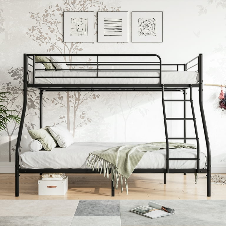Metal Bunk Bed Twin Over Full Heavy Duty Bed Frame with Safety Guard Rails Flat Ladder Durable Bunk Beds Twin Over Full Size for Kids Teens Adults