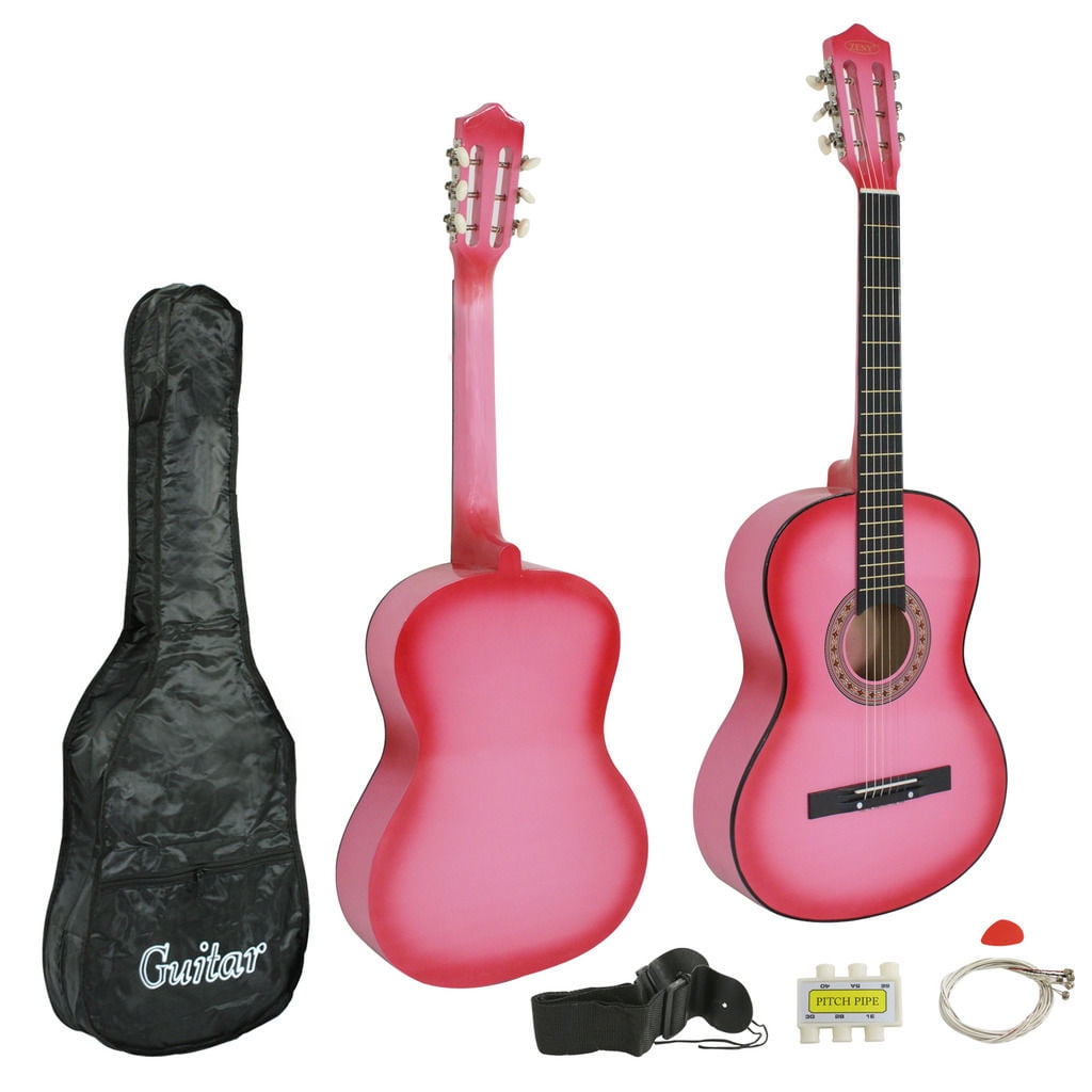 38 PINK - Left Handed Pink Wood Guitar with Case and Accessories Great Gift for Kids//Girls//Beginners