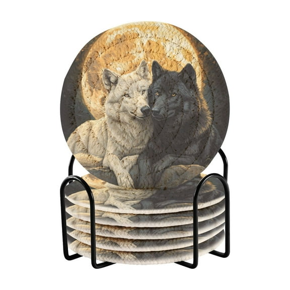 WOBOGO Cozy Two Wolves Coil Coasters Set of 6 Minimalist Cotton Woven 3.94 inch Non-Slip Insulated and Absorbent Home Accessories.