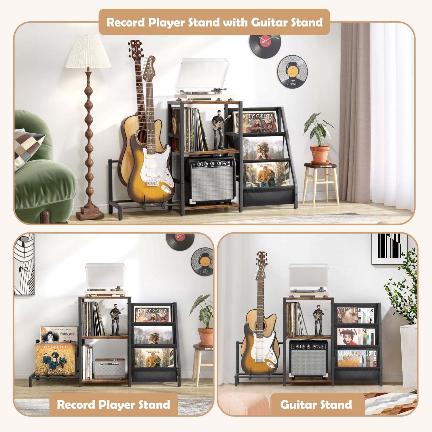 Olakee 3-Tier Record Player Stand with Guitar Stand for Acoustic, Electric Guitar, Bass, Vinyl Record Storage up to 200 Albums