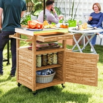 Outsunny Outdoor Grill Cart with Wheels and Storage Cabinet, Solid Wood Outdoor Kitchen Island with Stainless Steel Top, Drawer, Side Handle, Brown