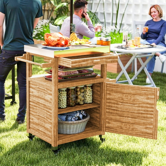 Outsunny Outdoor Grill Cart with Wheels and Storage Cabinet, Solid Wood Outdoor Kitchen Island with Stainless Steel Top, Drawer, Side Handle, Brown