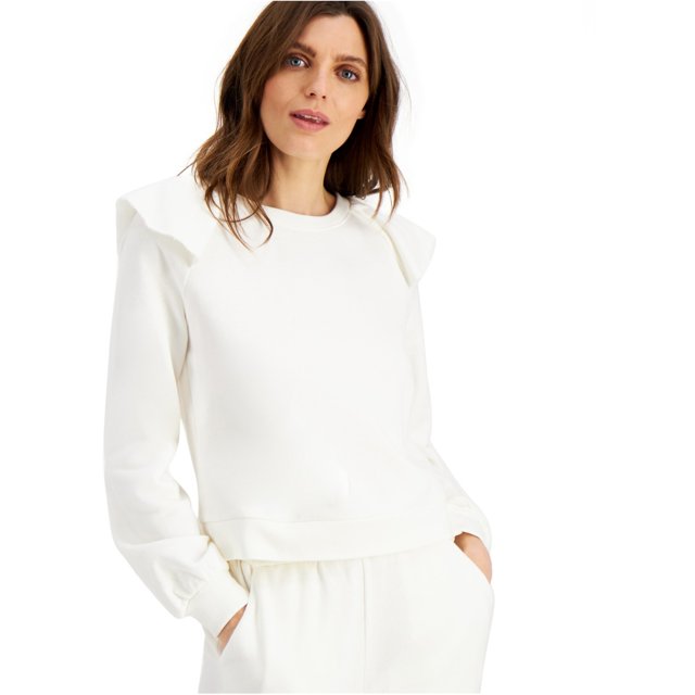 INC Sudadera con volantes para mujer, blanco, mediano I-N-C Camisa de entrenamiento