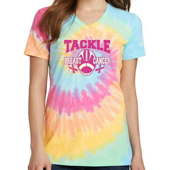 Ladies Tackle Breast Cancer V-neck Tie Dye Tee - XL