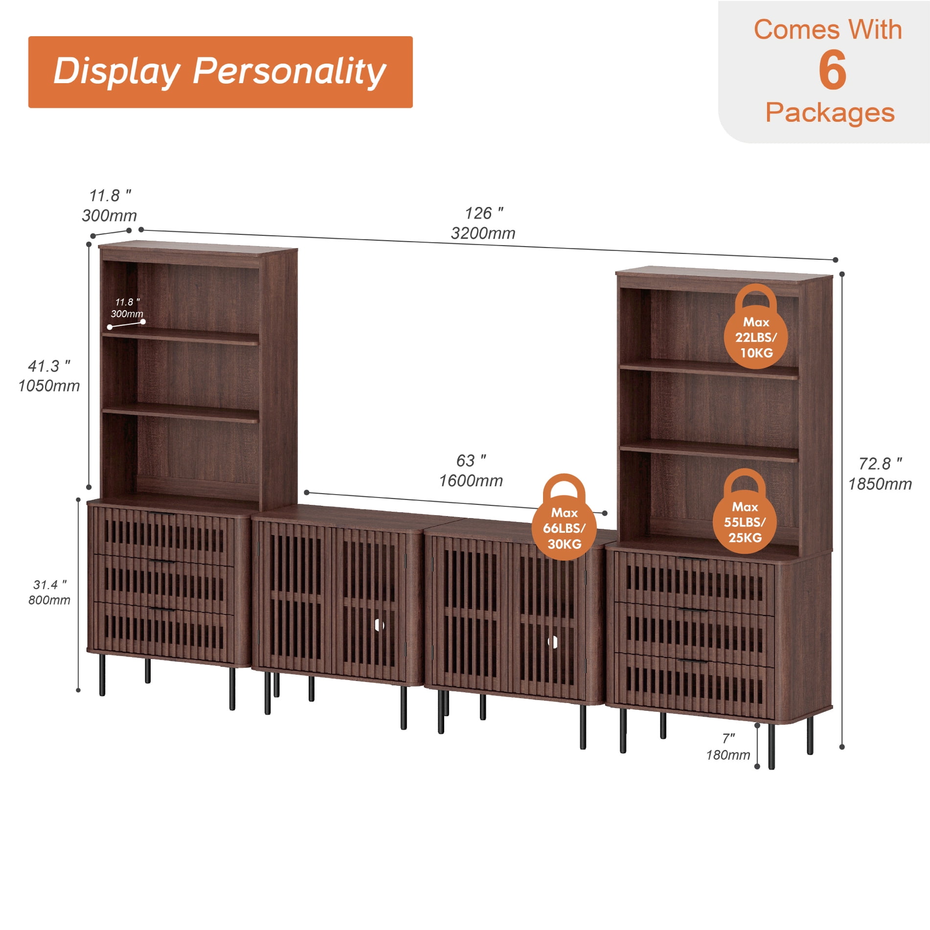 WAMPAT 72.8" Tall Bookshelf with Doors and Drawers, Modern Bookcase with Storage, Adjustable Shelves, Wood Storage Cabinet, Walnut