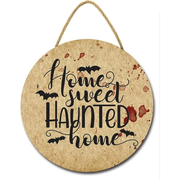 Eveokoki 12" Home Sweet Haunted Home Halloween Decoration Halloween Sign for Front Door Wood Sign Round Hanging Wreaths for Home Wall Decor Halloween Day Party Decoration Outdoor Indoor