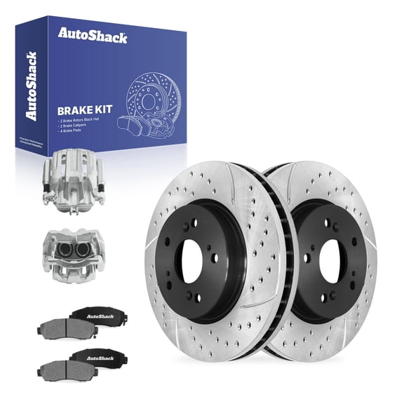 AutoShack Front Vented Drilled & Slotted E-Coated Brake Rotors   Ceramic Pads   Calipers 8-PC Brake Kit Replacement for 2012-2016 Honda CR-V 2012-2015 Honda Crosstour ShadowGuard 11.65" (296 mm)