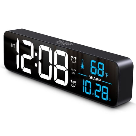 Sharp Large Display Digital Alarm Clock with 2 USB Ports (2A Each), 2.15” Jumbo LED Time, Date & Indoor Temperature, Weekday/Weekend Dual Alarms, 5-Step Dimmer to OFF, Plug-In with AAA Backup