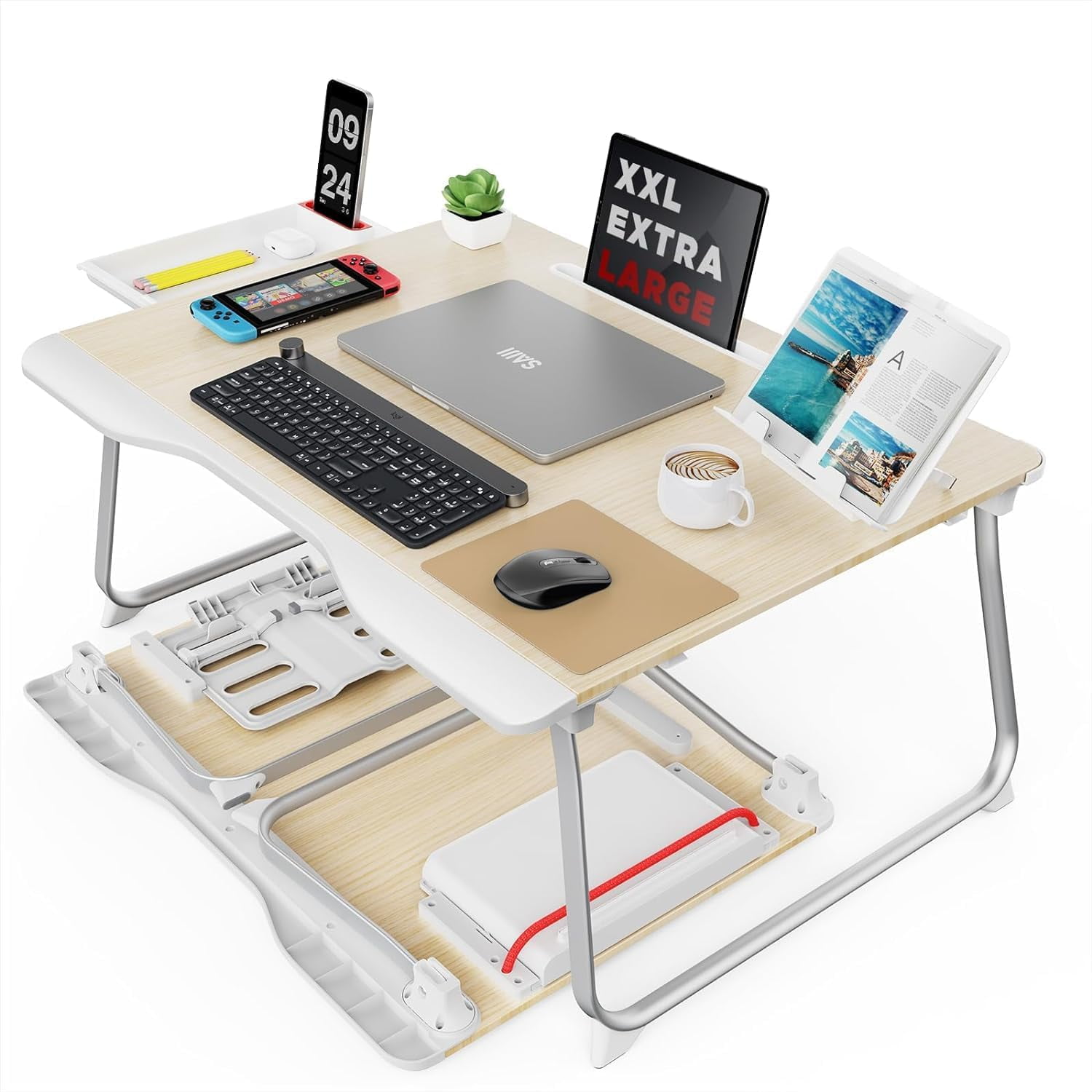 XX-Large Foldable Bed Tray Table for Eating Breakfast, Writing, Working, Gaming, Drawing with Storage Drawer, Handrest Bookstand, Tablet Stand, Phone Stand(Black Cherry)