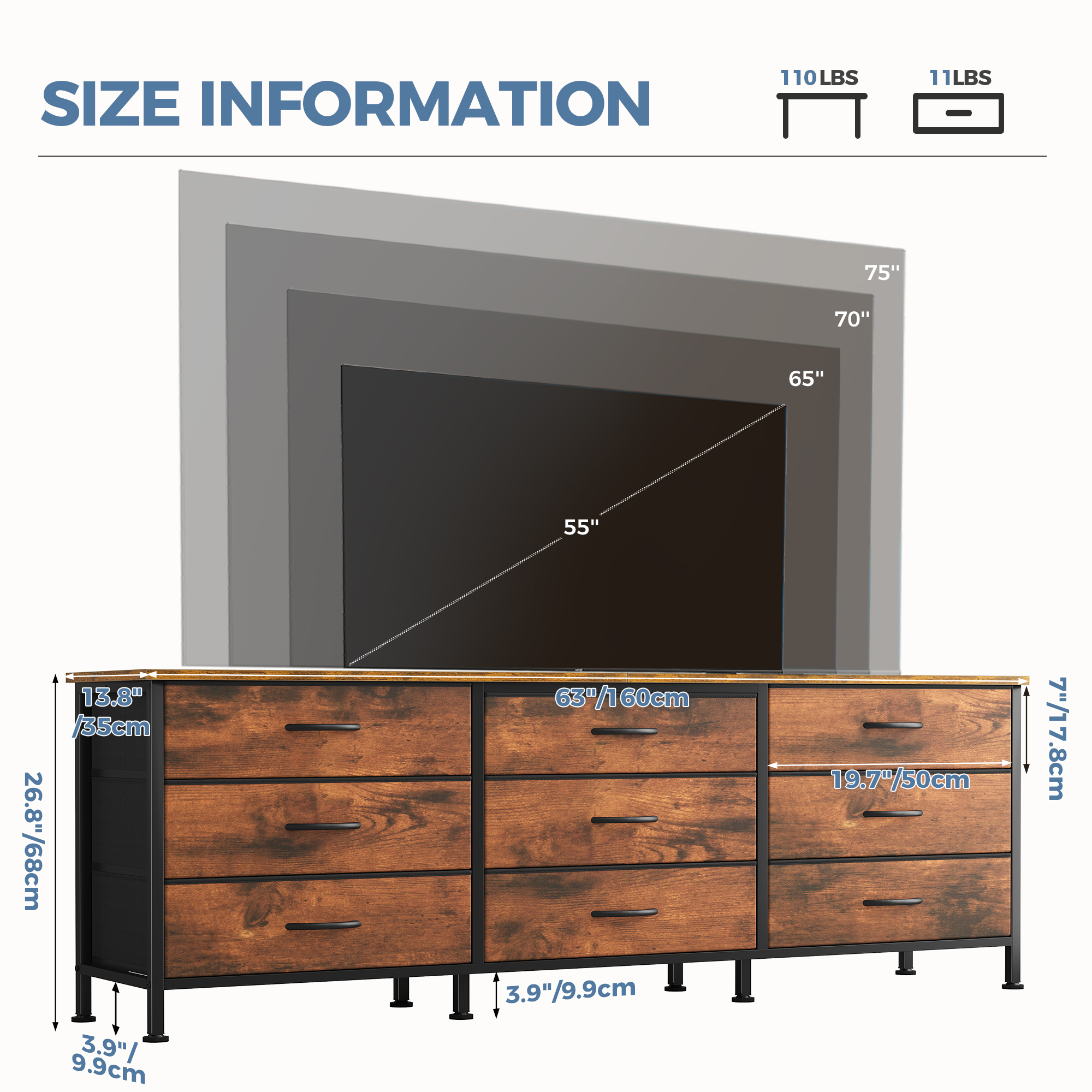 JIOABL 66 inch Wide TV Stand Dresser, 9-Drawer Storage Cabinet for 75 inch TV, Entertainment Center with Wood Top for Living Room, Rust