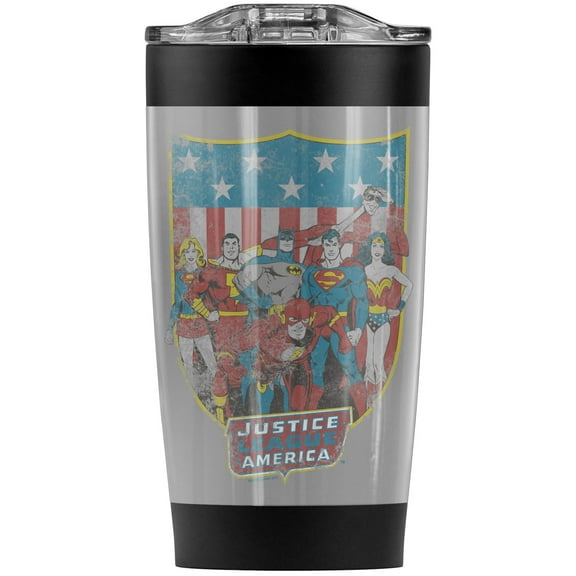 Justice League American Shield Stainless Steel Tumbler 20 oz Coffee Travel Mug/Cup, Vacuum Insulated & Double Wall with Leakproof Sliding Lid | Great for Hot Drinks and Cold Beverages