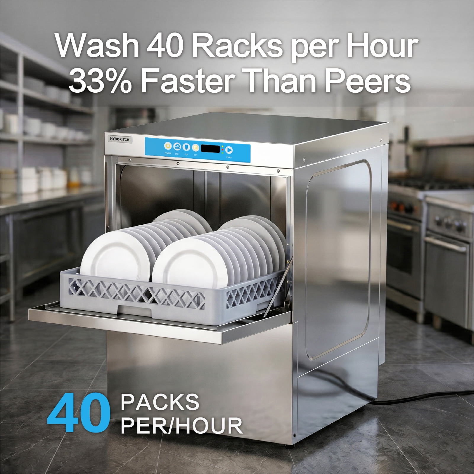 Commercial-Grade Dishwasher/Glasswasher with Plug, Built-in Booster & Drain Pump, Built-in Detergent & Rinse Aid Pumps, Up to 40 Racks/Hr, 208~240V