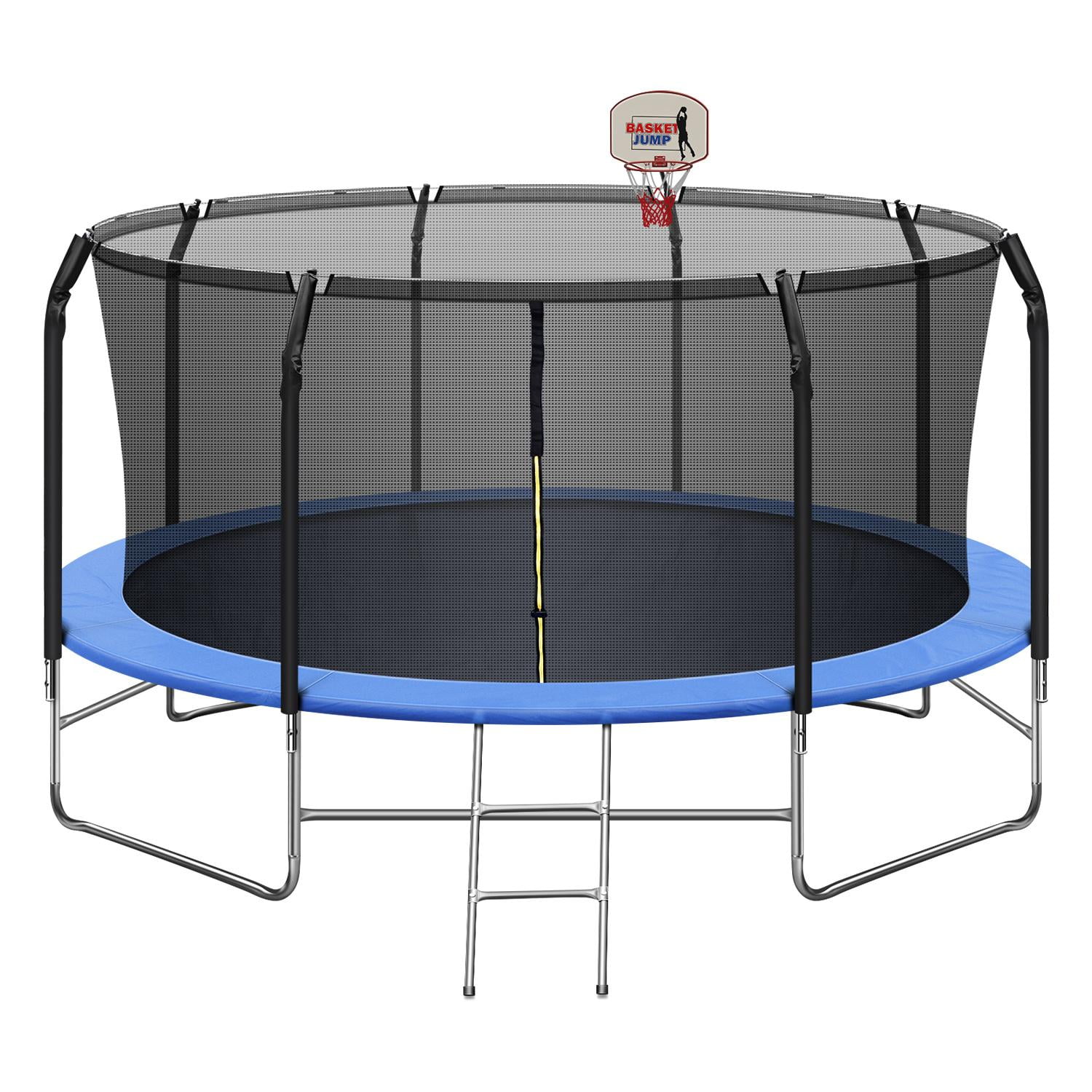 14ft Trampolines with Basketball Hoop and Ladder Enclosure Net for Kids Teens Adults, 800lbs Load for 4-5, Recreational Trampoline for Outdoor Garden Backyard, Blue