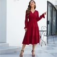 thumbnail image 3 of Yesfashion Women's Casual Wrap V Neck Midi Dress Long Sleeve Smocked Waist Tiered A Line Pleated Flowy Dresses, 3 of 5
