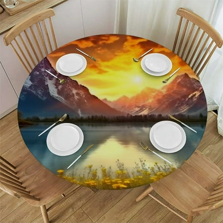 

QFMY Sunset Lake Mountains Round Tablecloth Outdoor Fitted 100% Polyester Fiber 46-50