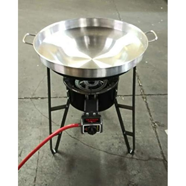Plaque de Cuisson Comal Concave de Style Mexicain de 22 Pouces Grand Disque de Cuisson Extérieur Wok Ensemble en Acier Inoxydable Brûleur au Propane Réglage de Poêle à Feu et Support Métallique Robuste Idéal Style Restaurant Tacos Grillades Ou Sauté