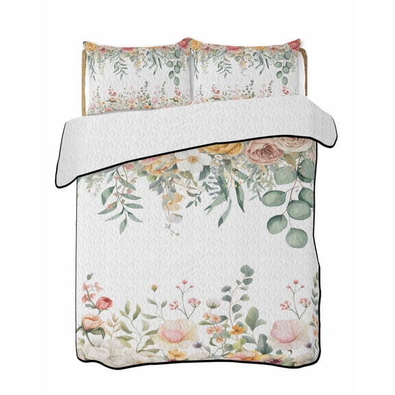 Quilts Queen Size Bedding Set, Spring Floral Reversible Summer Quilt 3 Pieces, Watercolor Roses Eucalyptus Leaves Botanical Lightweight Bedspreads Coverlets with 2 Pillow Shams for All Seasons